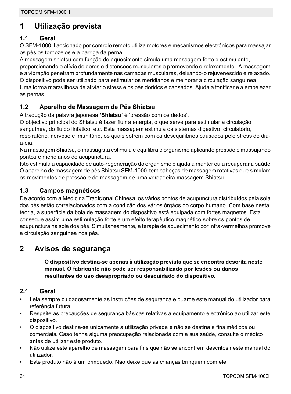 1utilização prevista, 2avisos de segurança | Topcom Shiatsu SFM-1000H User Manual | Page 64 / 108