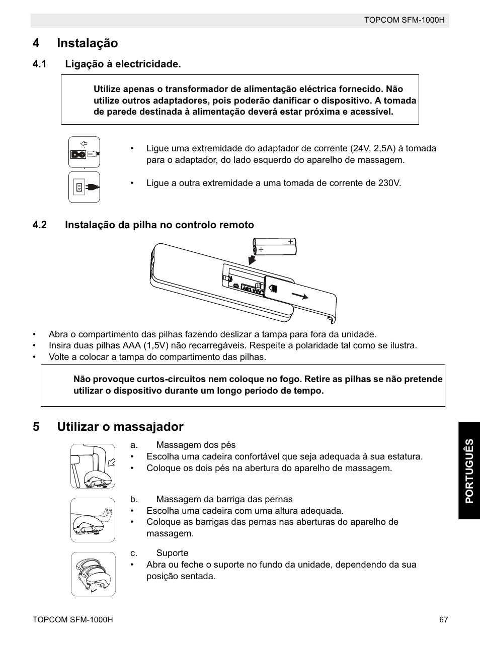 4instalação, 5utilizar o massajador | Topcom Shiatsu SFM-1000H User Manual | Page 67 / 108