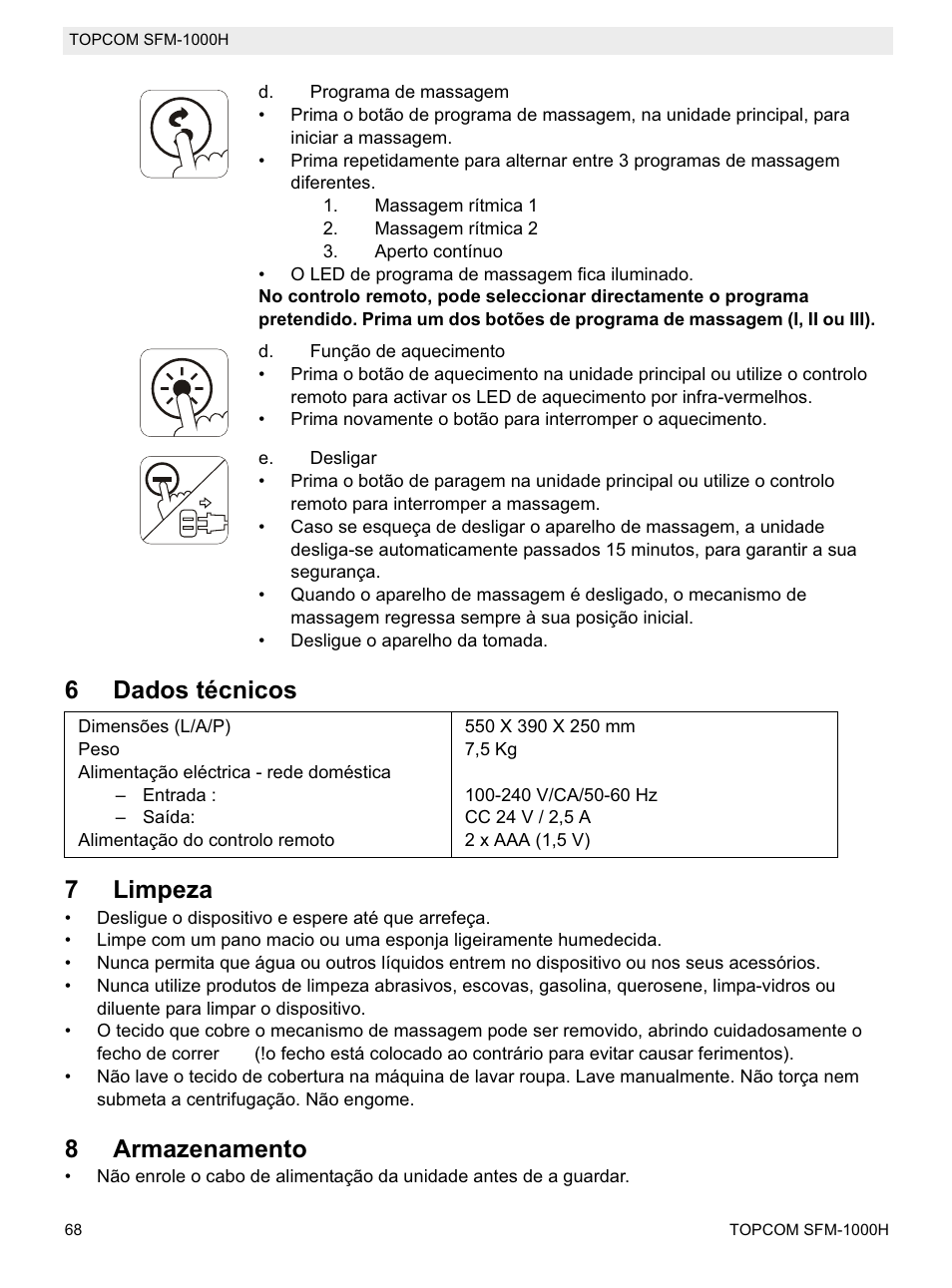 6dados técnicos 7 limpeza, 8armazenamento | Topcom Shiatsu SFM-1000H User Manual | Page 68 / 108