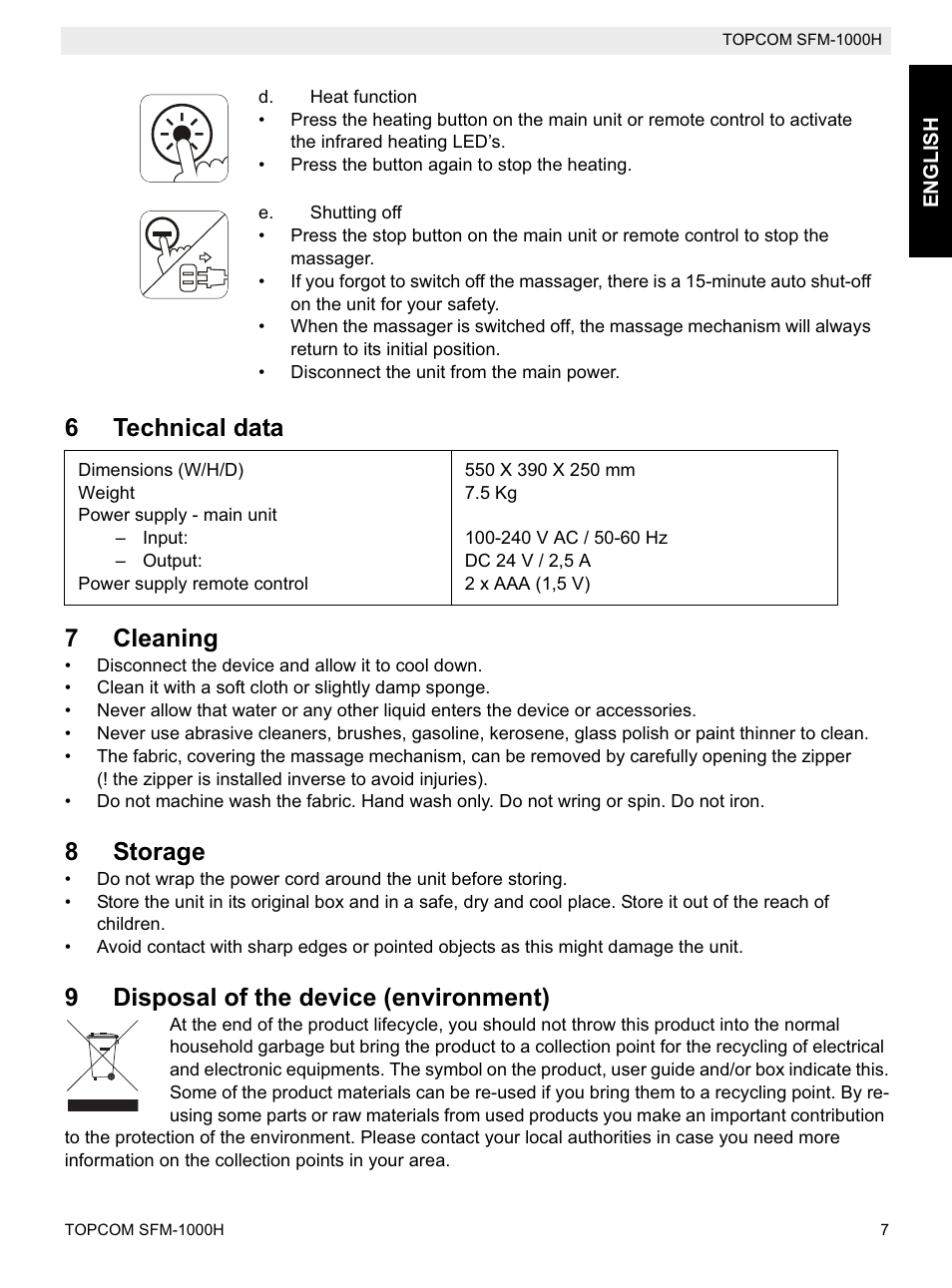 6technical data 7 cleaning, 8storage, 9disposal of the device (environment) | Topcom Shiatsu SFM-1000H User Manual | Page 7 / 108