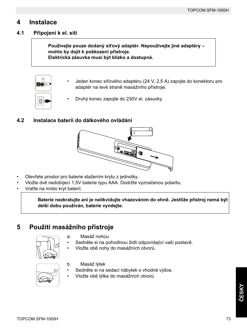 4instalace, 5použití masážního pĝístroje | Topcom Shiatsu SFM-1000H User Manual | Page 73 / 108