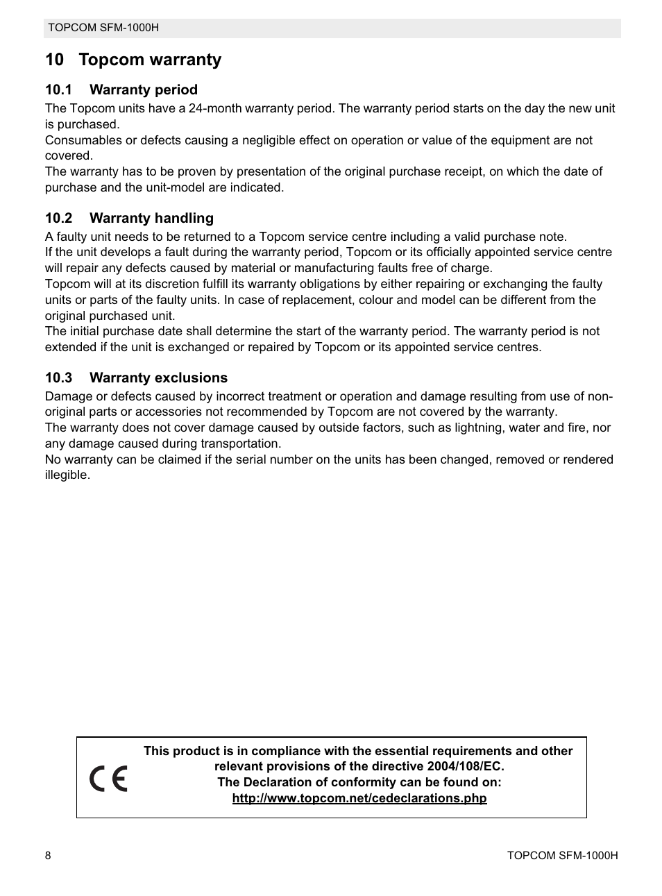 10 topcom warranty | Topcom Shiatsu SFM-1000H User Manual | Page 8 / 108