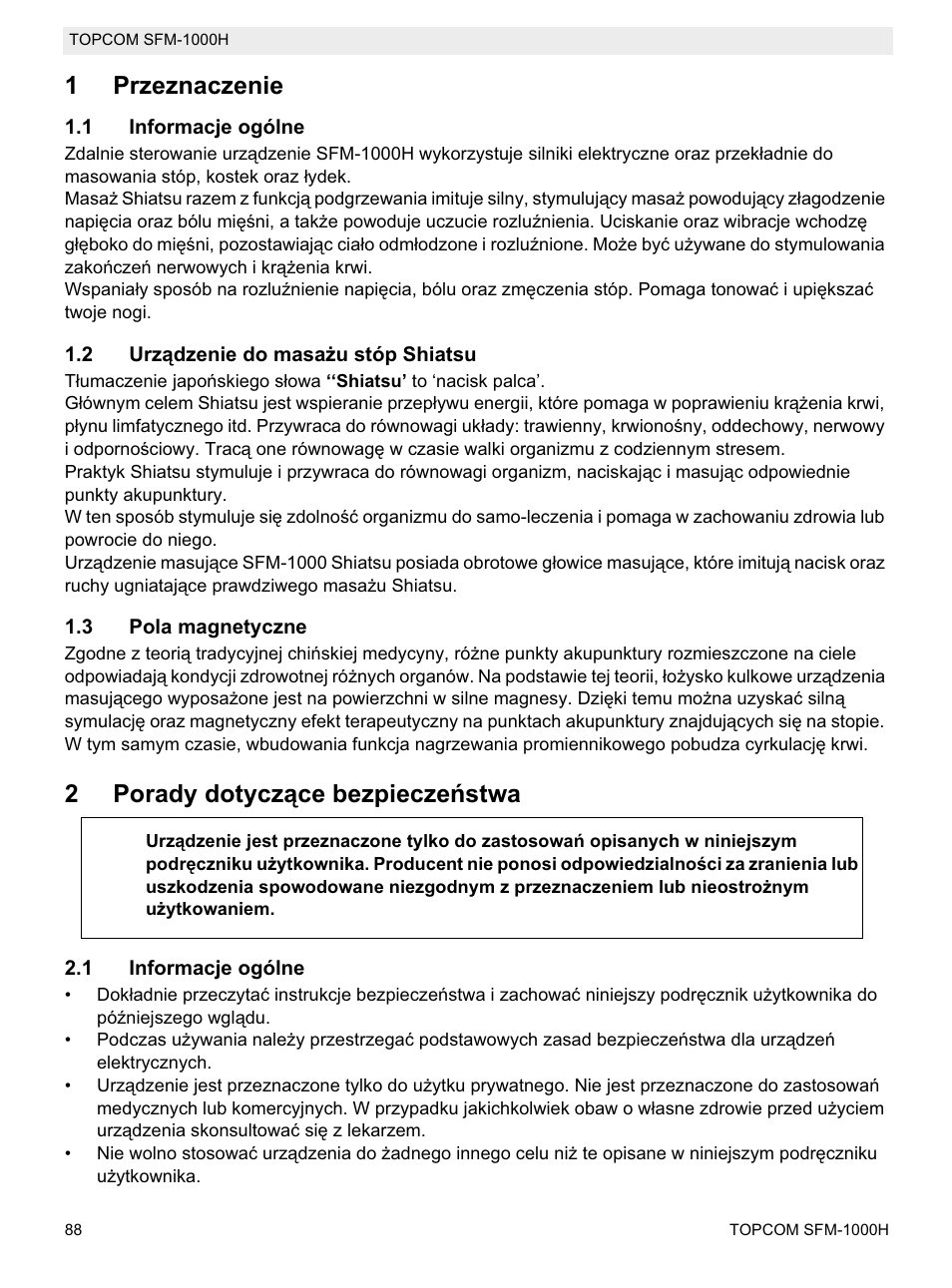 1przeznaczenie, 2porady dotyczące bezpieczeĕstwa | Topcom Shiatsu SFM-1000H User Manual | Page 88 / 108