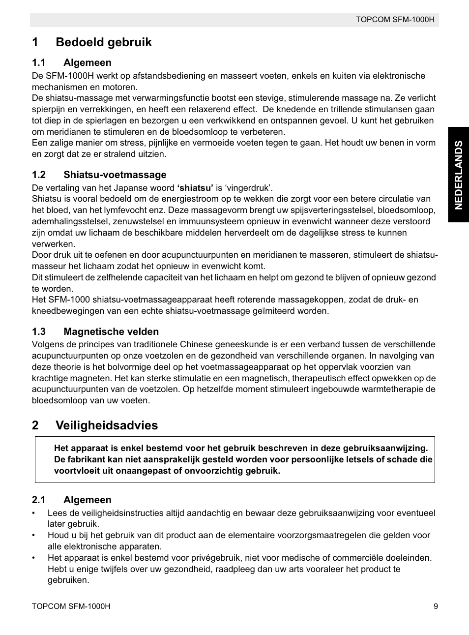 1bedoeld gebruik, 2veiligheidsadvies | Topcom Shiatsu SFM-1000H User Manual | Page 9 / 108