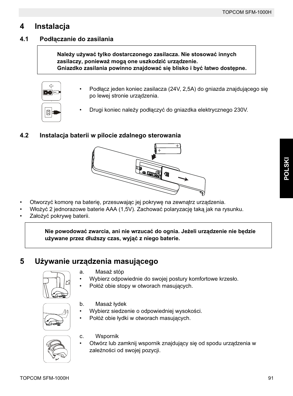 4instalacja, 5uīywanie urządzenia masującego | Topcom Shiatsu SFM-1000H User Manual | Page 91 / 108