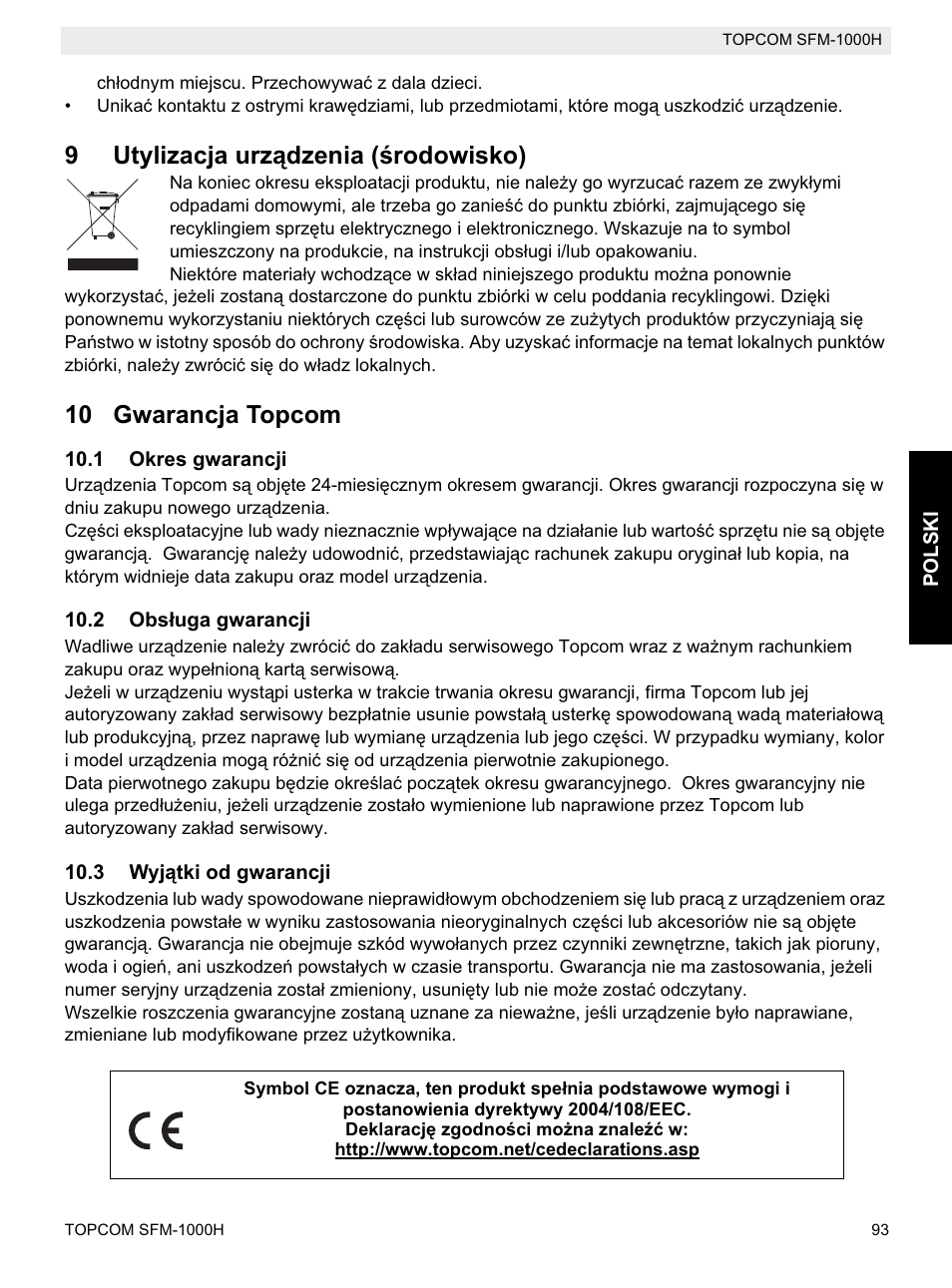 9utylizacja urządzenia (ğrodowisko), 10 gwarancja topcom | Topcom Shiatsu SFM-1000H User Manual | Page 93 / 108