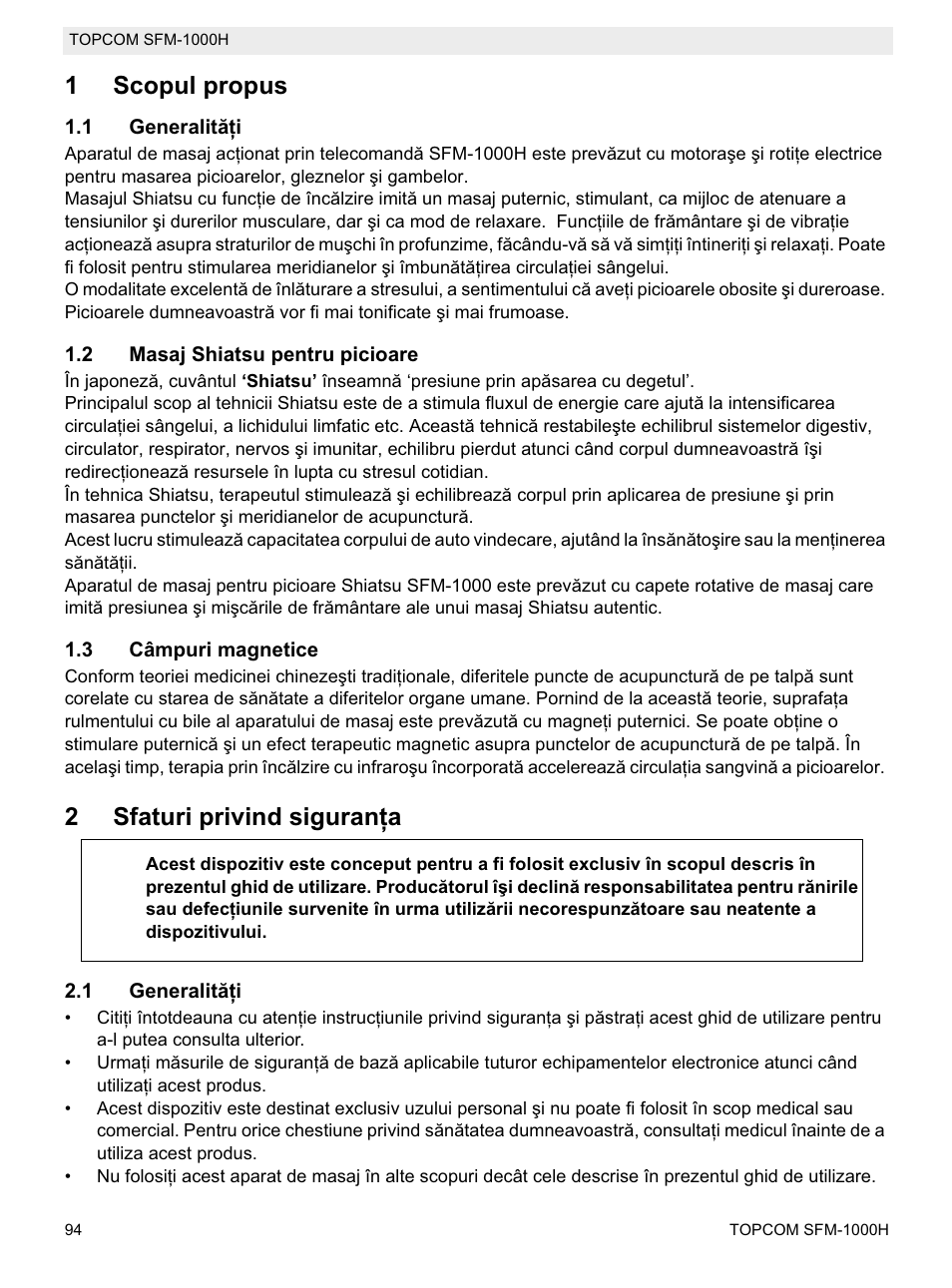 1scopul propus, 2sfaturi privind siguranġa | Topcom Shiatsu SFM-1000H User Manual | Page 94 / 108