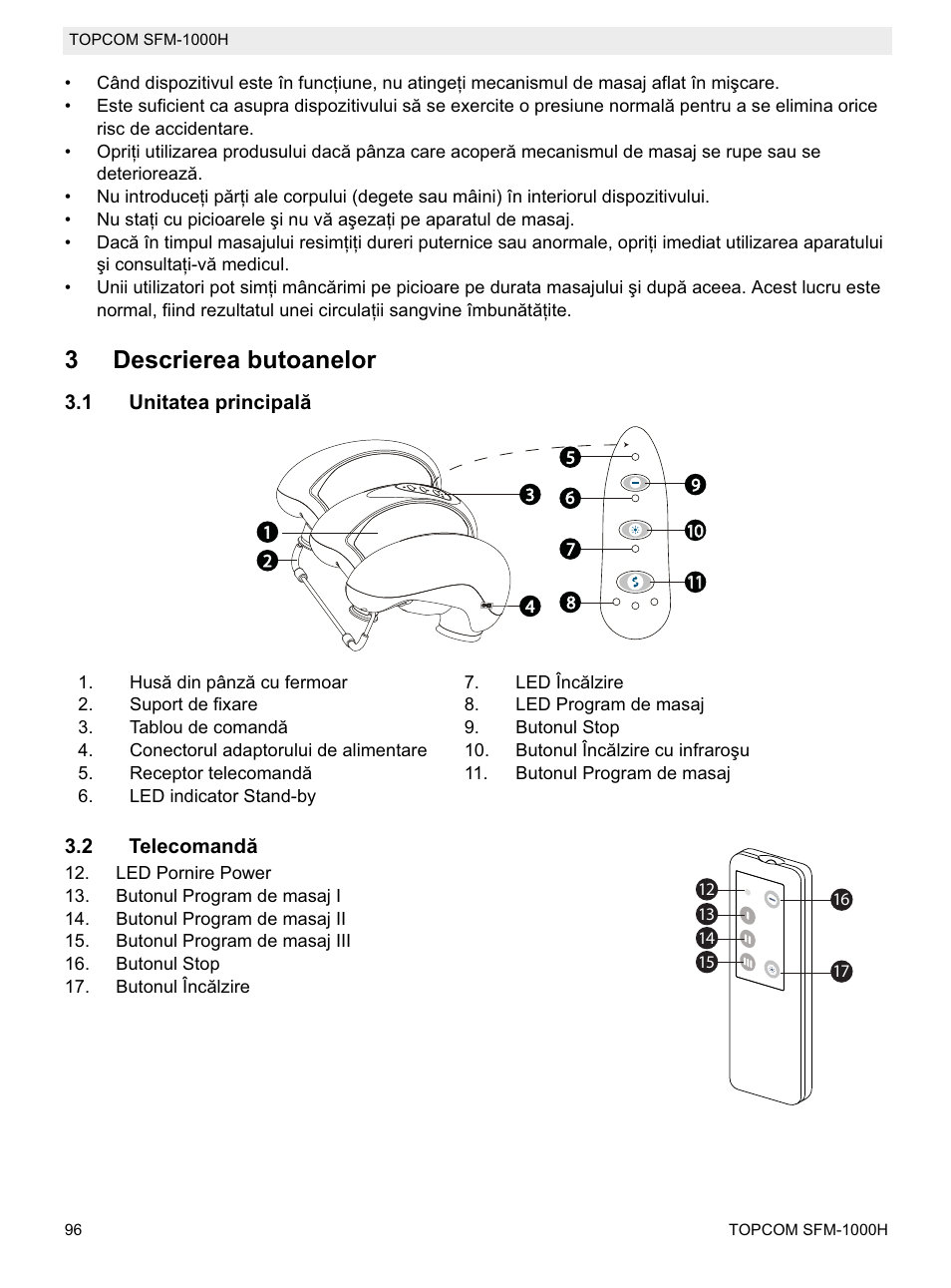 3descrierea butoanelor | Topcom Shiatsu SFM-1000H User Manual | Page 96 / 108