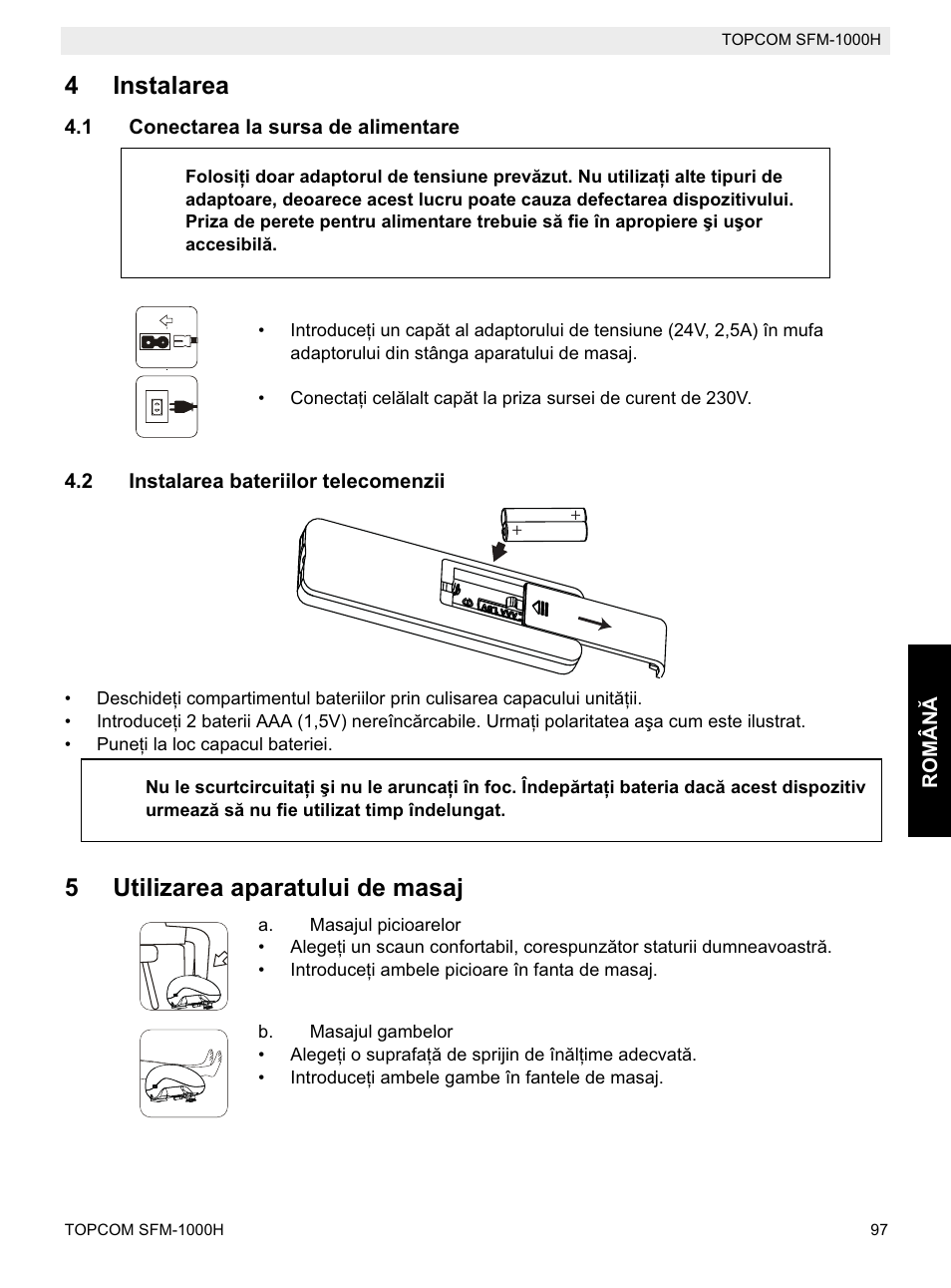 4instalarea, 5utilizarea aparatului de masaj | Topcom Shiatsu SFM-1000H User Manual | Page 97 / 108