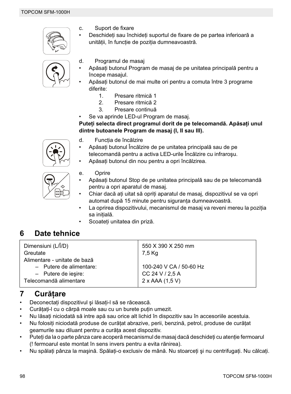 6date tehnice 7 curăġare | Topcom Shiatsu SFM-1000H User Manual | Page 98 / 108