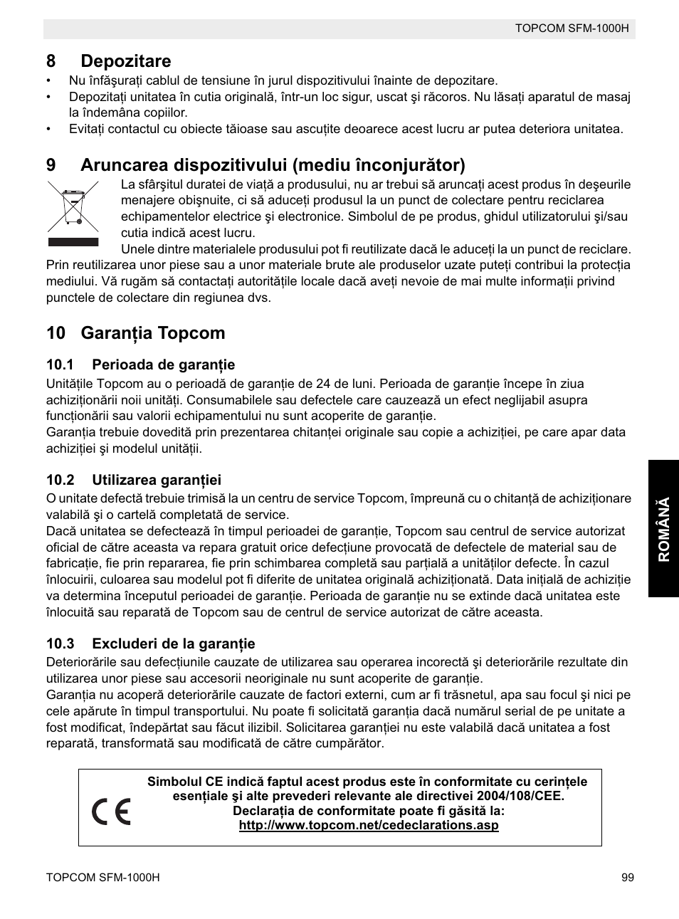 8depozitare, 9aruncarea dispozitivului (mediu înconjurător), 10 garanġia topcom | Topcom Shiatsu SFM-1000H User Manual | Page 99 / 108