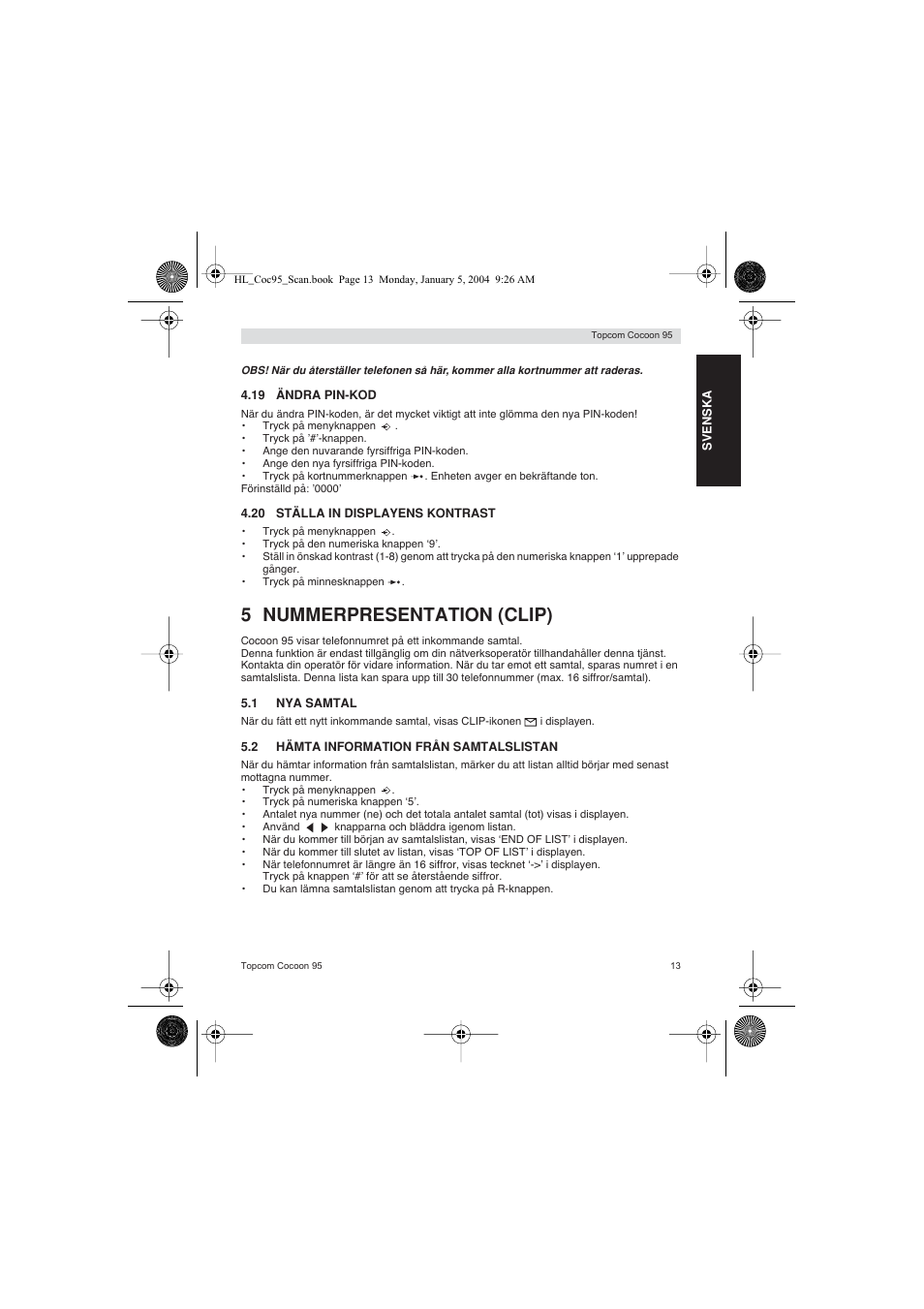 5 nummerpresentation (clip) | Topcom COCOON 95 DUO User Manual | Page 13 / 72