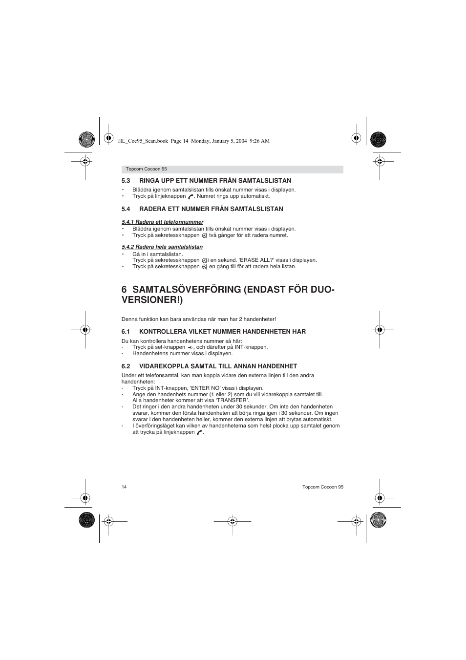 6 samtalsöverföring (endast för duo- versioner!) | Topcom COCOON 95 DUO User Manual | Page 14 / 72