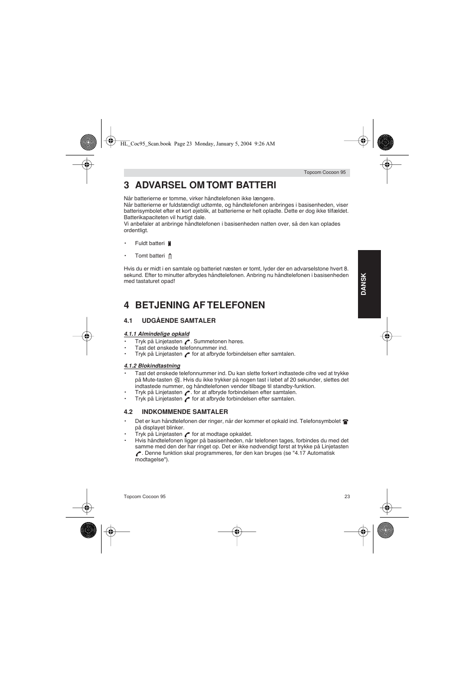 3 advarsel om tomt batteri, 4 betjening af telefonen | Topcom COCOON 95 DUO User Manual | Page 23 / 72