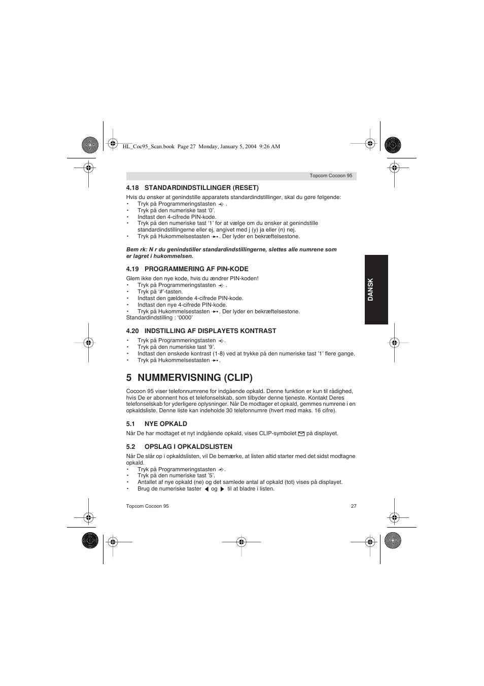 5 nummervisning (clip) | Topcom COCOON 95 DUO User Manual | Page 27 / 72