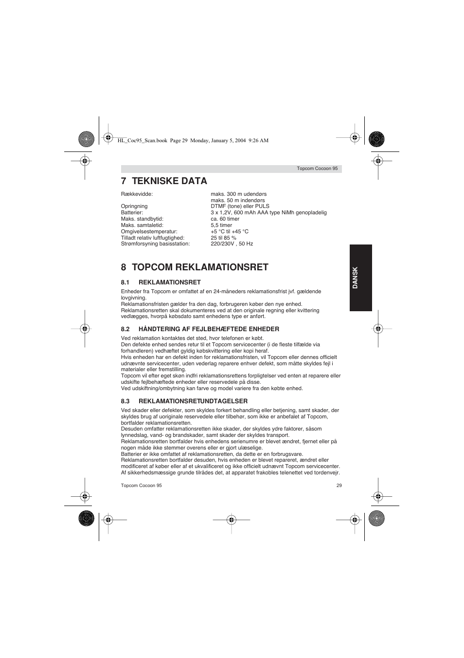 7 tekniske data, 8 topcom reklamationsret | Topcom COCOON 95 DUO User Manual | Page 29 / 72