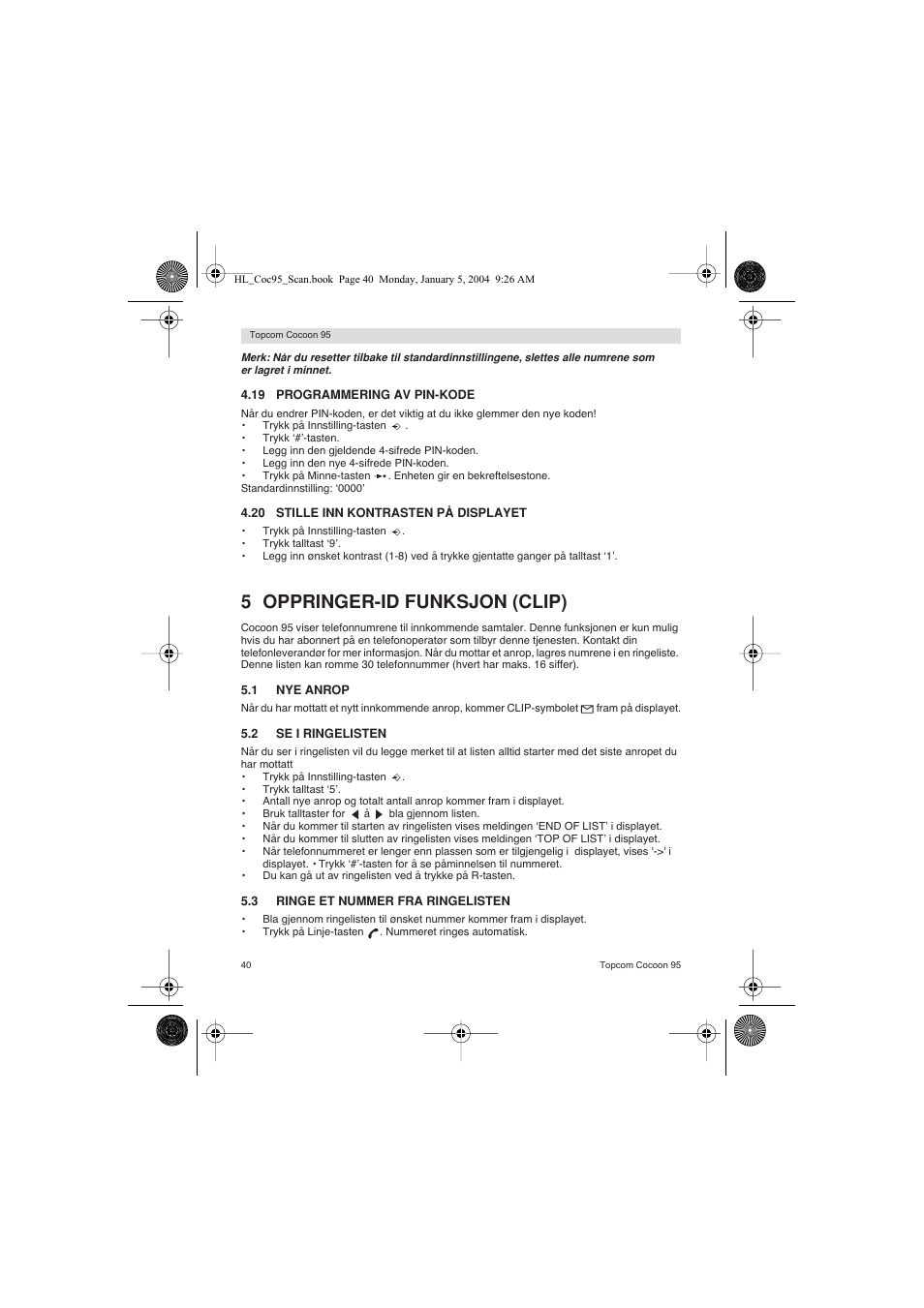 5 oppringer-id funksjon (clip) | Topcom COCOON 95 DUO User Manual | Page 40 / 72