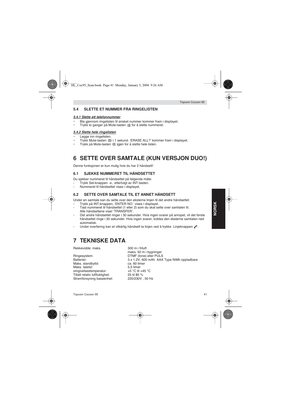 6 sette over samtale (kun versjon duo!), 7 tekniske data | Topcom COCOON 95 DUO User Manual | Page 41 / 72