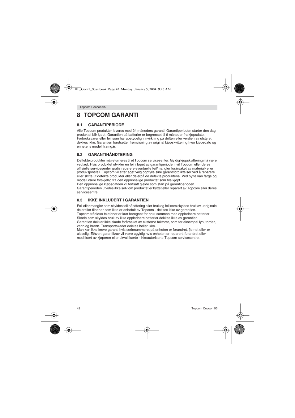 8 topcom garanti | Topcom COCOON 95 DUO User Manual | Page 42 / 72