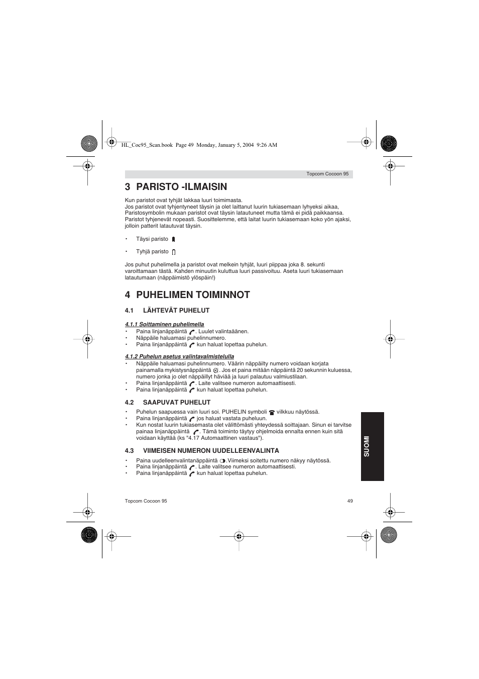 3 paristo -ilmaisin, 4 puhelimen toiminnot | Topcom COCOON 95 DUO User Manual | Page 49 / 72