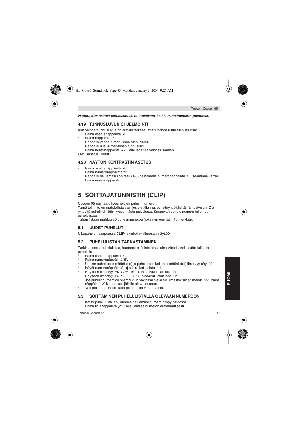 5 soittajatunnistin (clip) | Topcom COCOON 95 DUO User Manual | Page 53 / 72