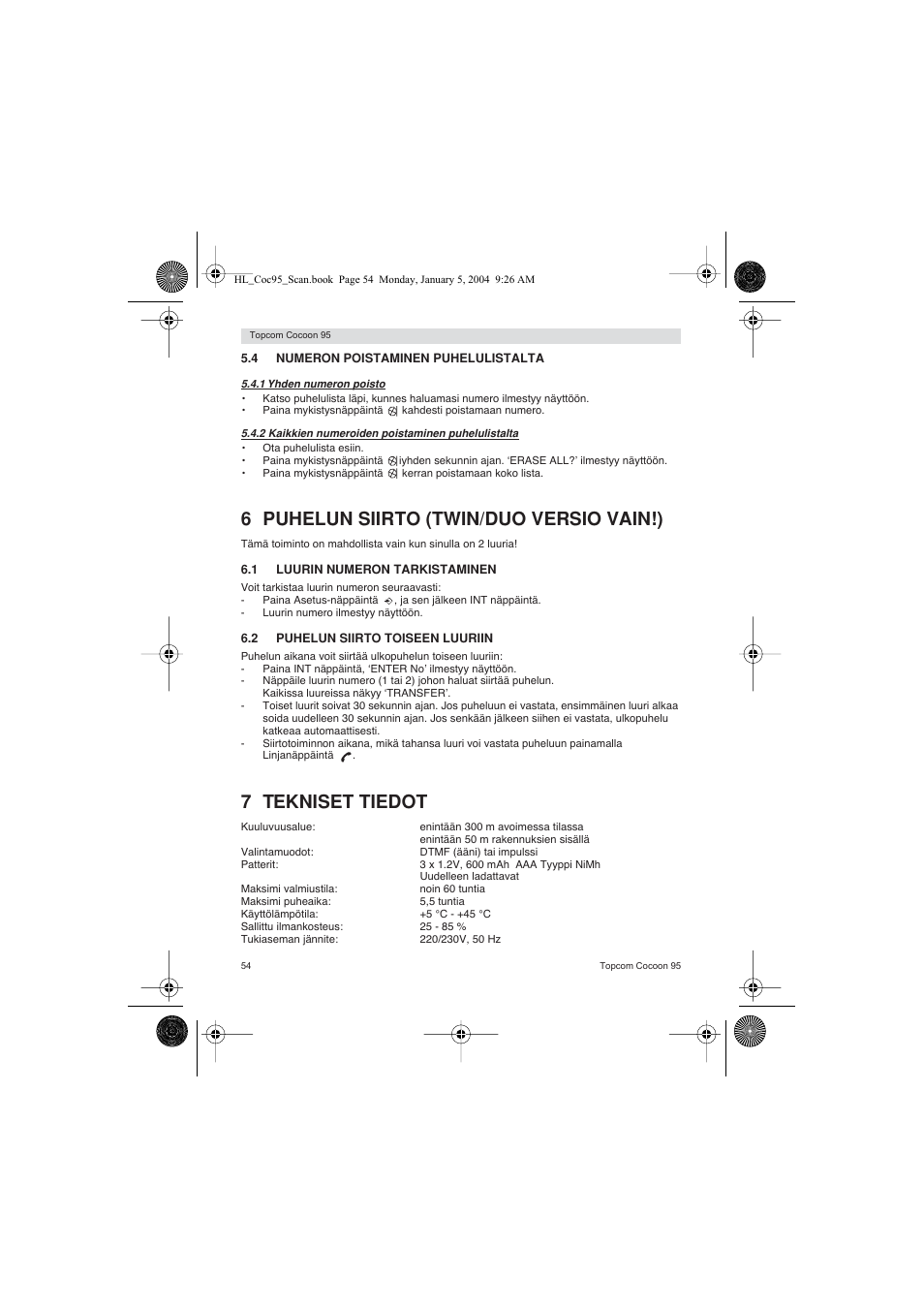 6 puhelun siirto (twin/duo versio vain!), 7 tekniset tiedot | Topcom COCOON 95 DUO User Manual | Page 54 / 72