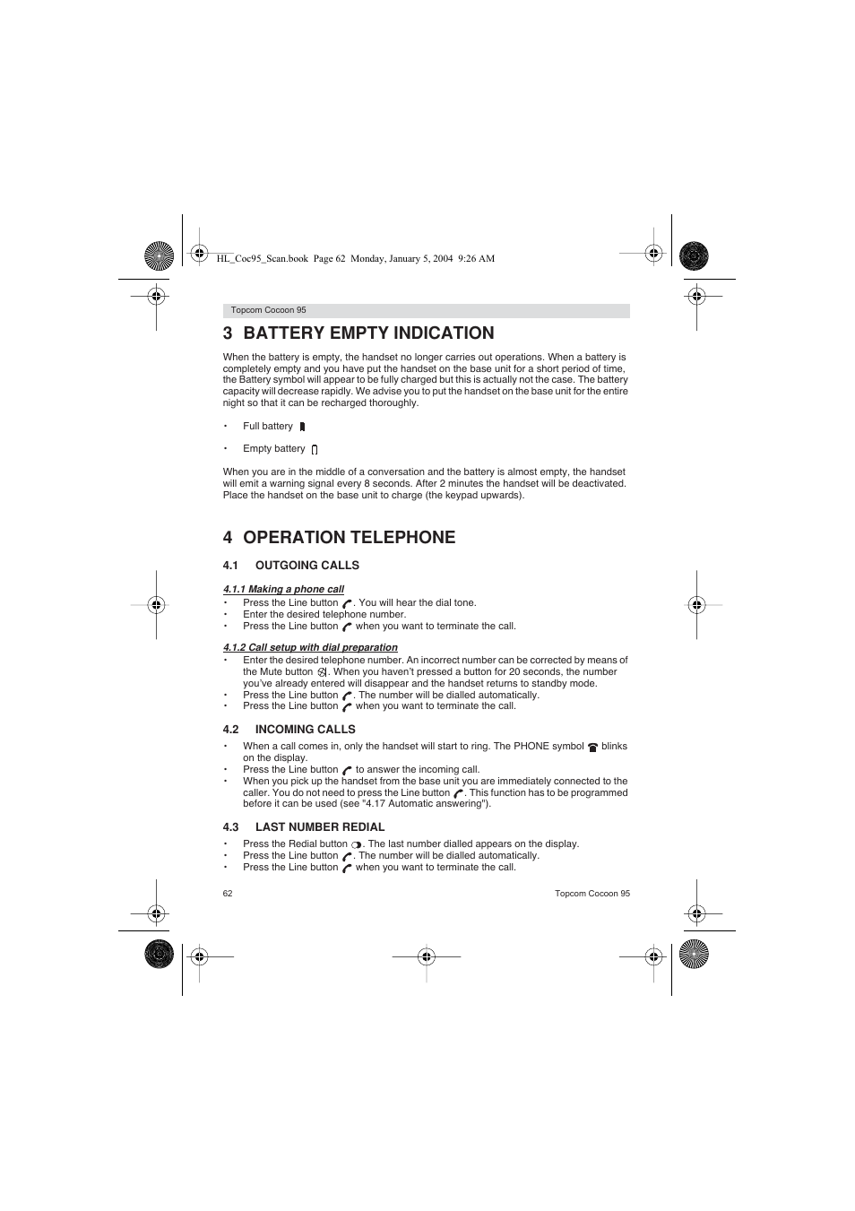 3 battery empty indication, 4 operation telephone | Topcom COCOON 95 DUO User Manual | Page 62 / 72