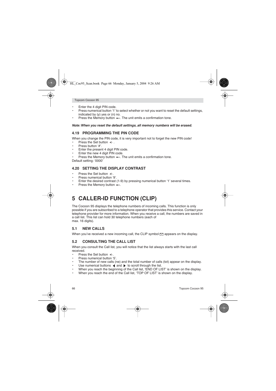 5 caller-id function (clip) | Topcom COCOON 95 DUO User Manual | Page 66 / 72