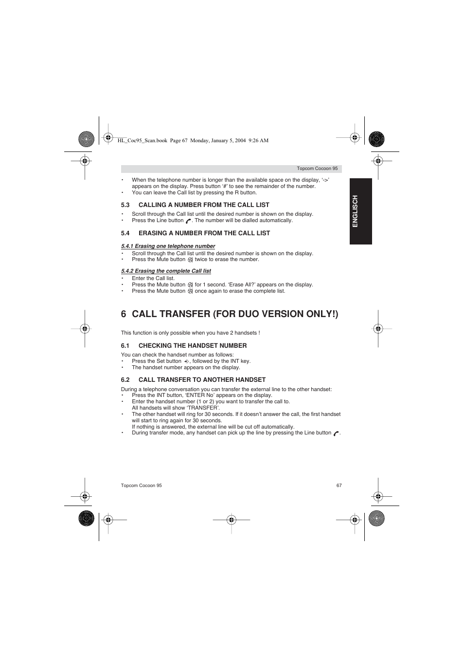 6 call transfer (for duo version only!) | Topcom COCOON 95 DUO User Manual | Page 67 / 72