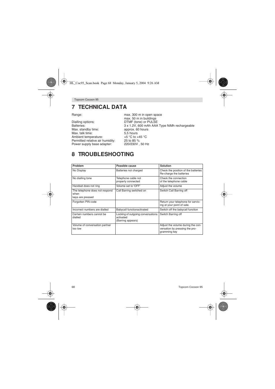 7 technical data, 8 troubleshooting | Topcom COCOON 95 DUO User Manual | Page 68 / 72