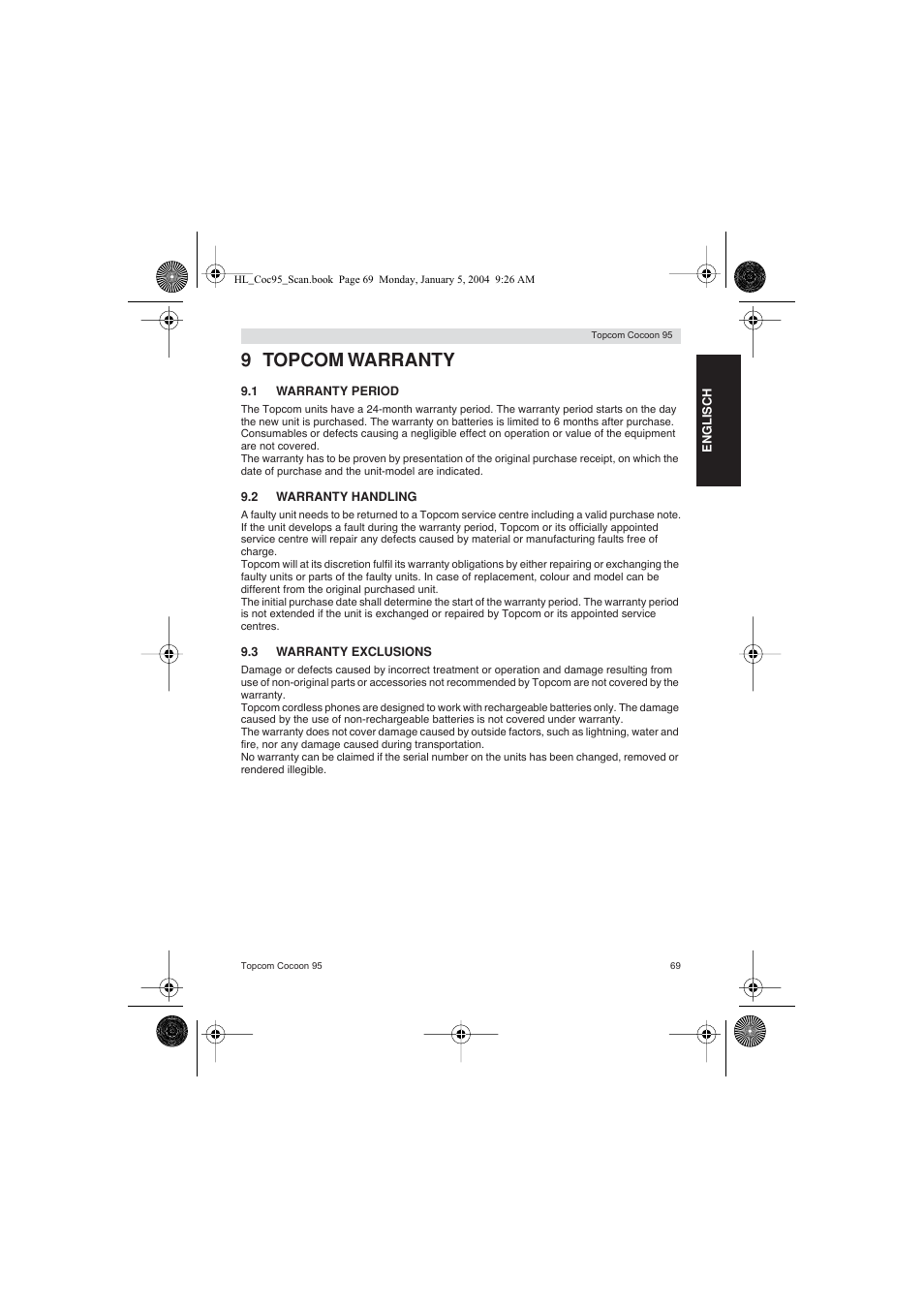 9 topcom warranty | Topcom COCOON 95 DUO User Manual | Page 69 / 72