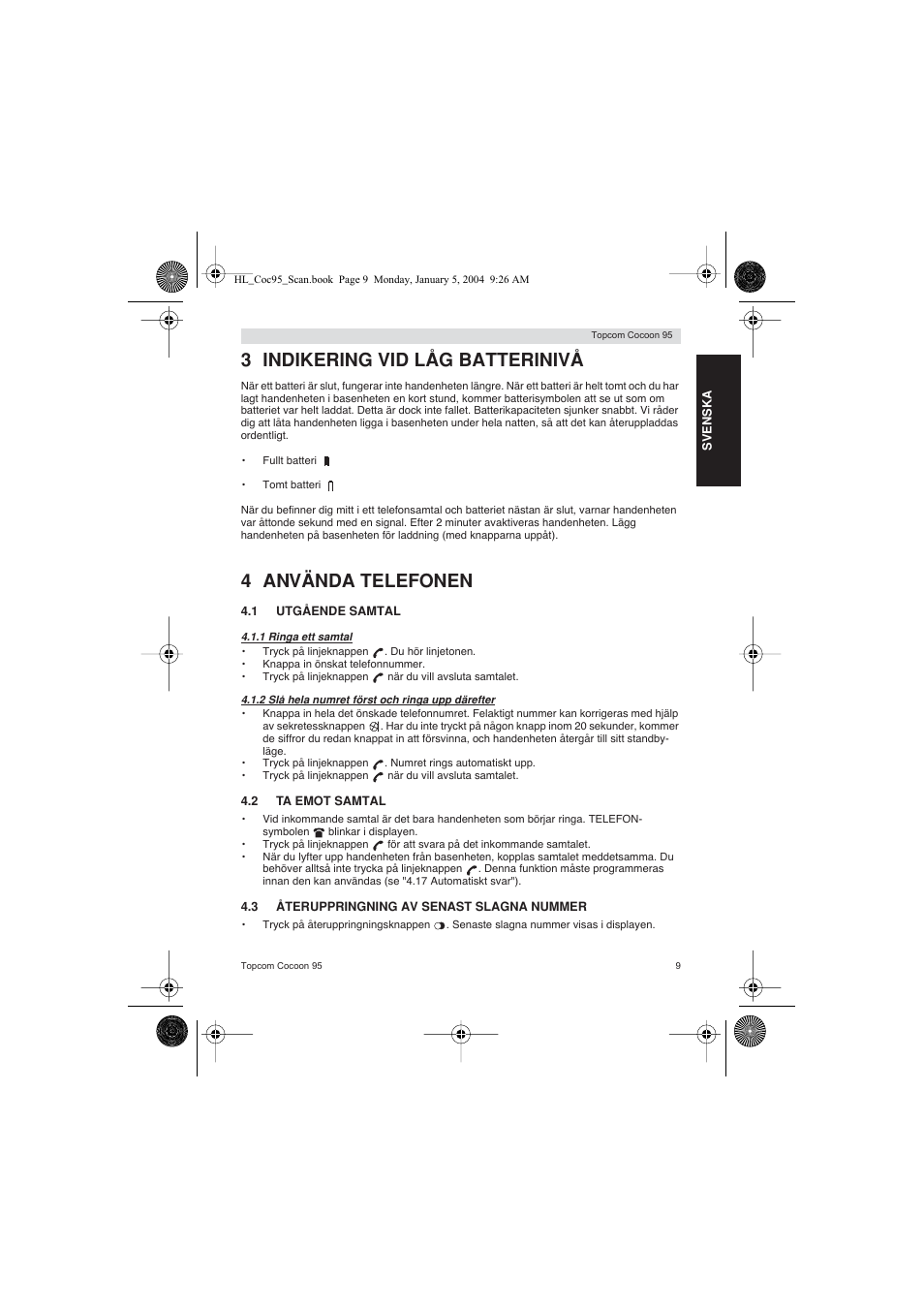 3 indikering vid låg batterinivå, 4 använda telefonen | Topcom COCOON 95 DUO User Manual | Page 9 / 72