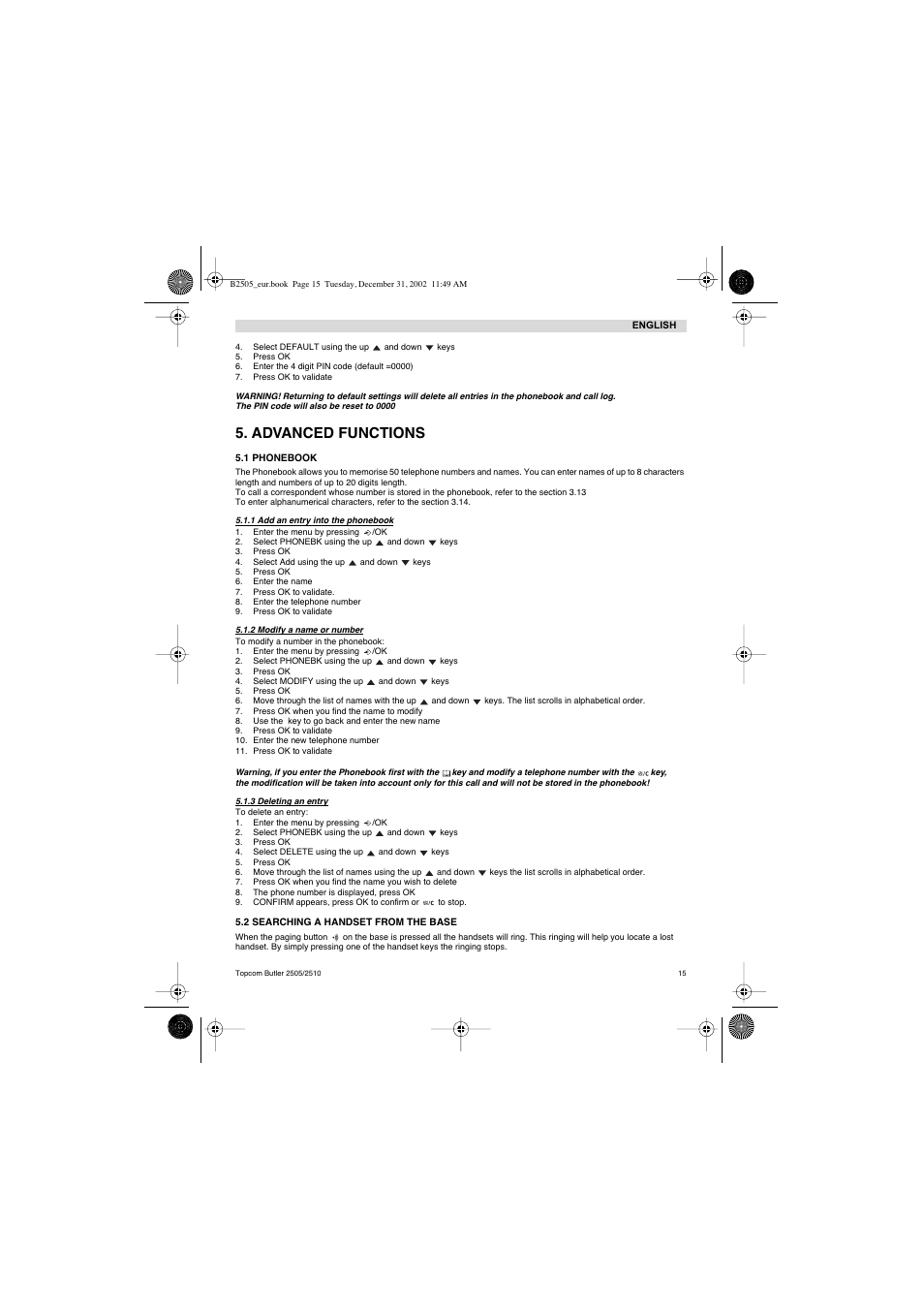 Advanced functions | Topcom Butler 2510 User Manual | Page 15 / 96
