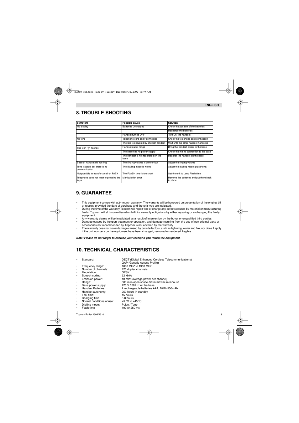 Trouble shooting 9. guarantee, Technical characteristics | Topcom Butler 2510 User Manual | Page 19 / 96