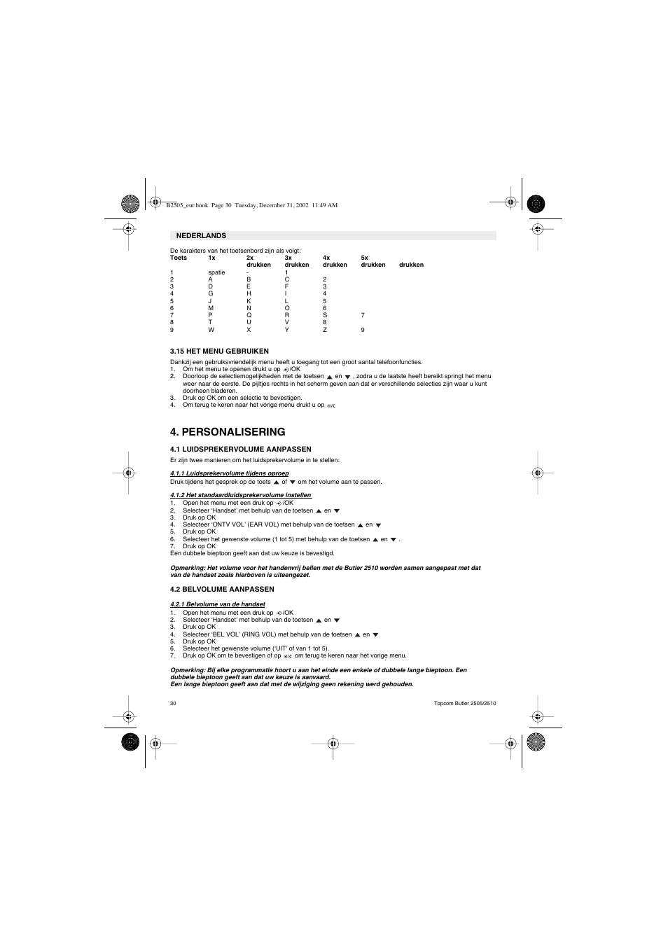 Personalisering | Topcom Butler 2510 User Manual | Page 30 / 96