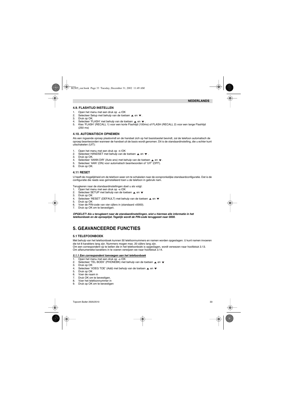 Geavanceerde functies | Topcom Butler 2510 User Manual | Page 33 / 96