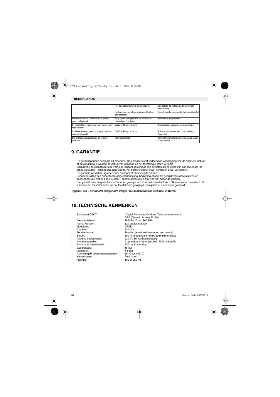 Garantie, Technische kenmerken | Topcom Butler 2510 User Manual | Page 38 / 96