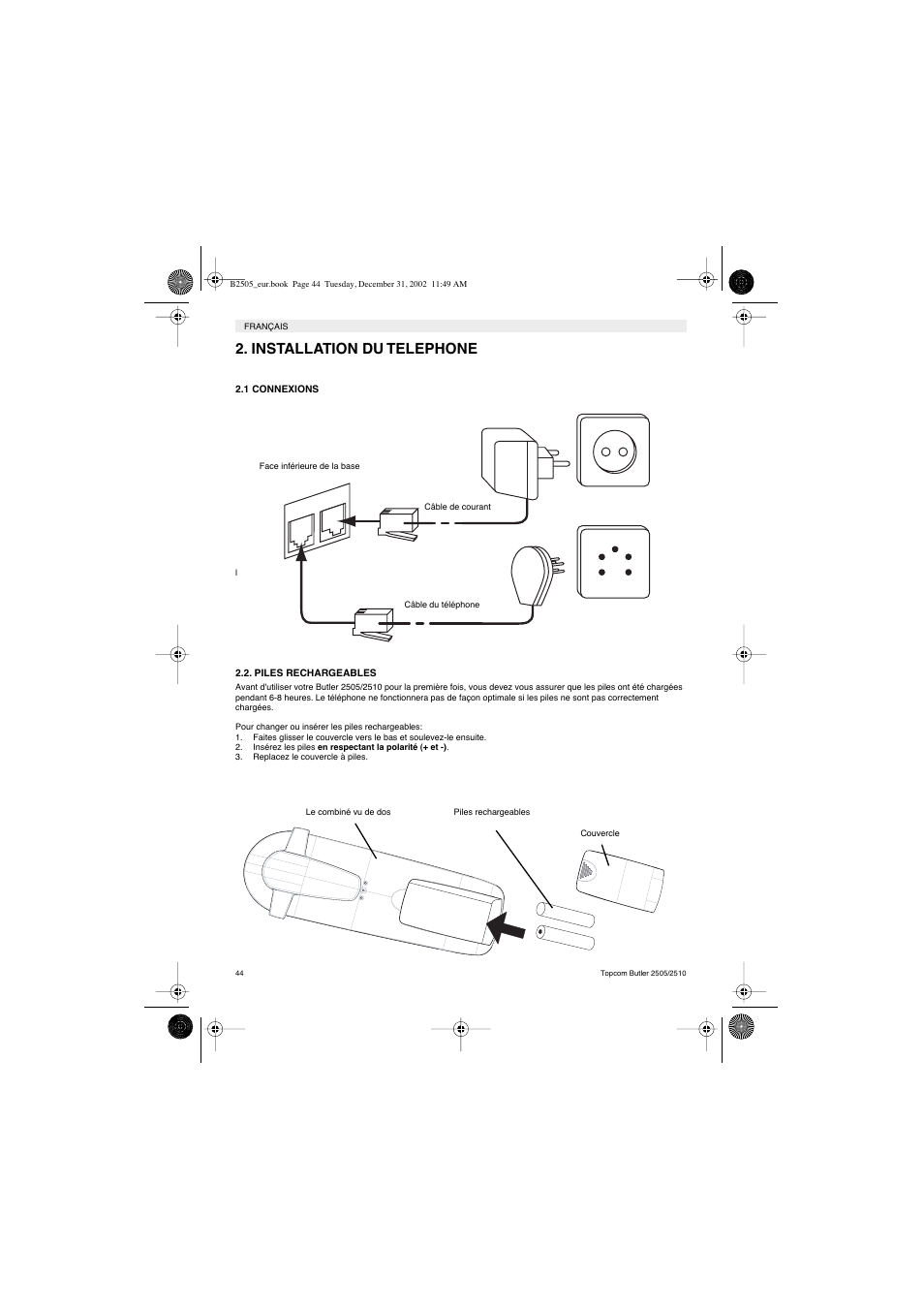 Installation du telephone | Topcom Butler 2510 User Manual | Page 44 / 96