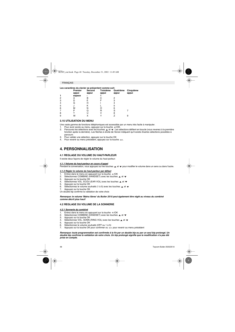 Personnalisation | Topcom Butler 2510 User Manual | Page 48 / 96