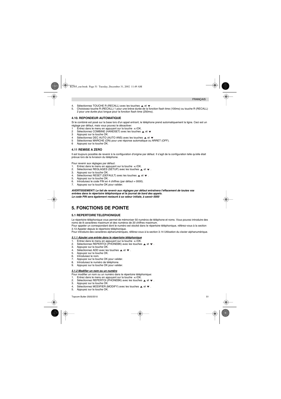 Fonctions de pointe | Topcom Butler 2510 User Manual | Page 51 / 96