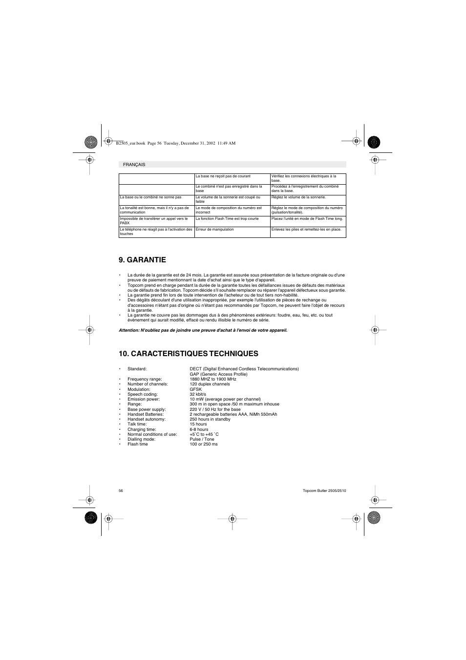 Garantie, Caracteristiques techniques | Topcom Butler 2510 User Manual | Page 56 / 96