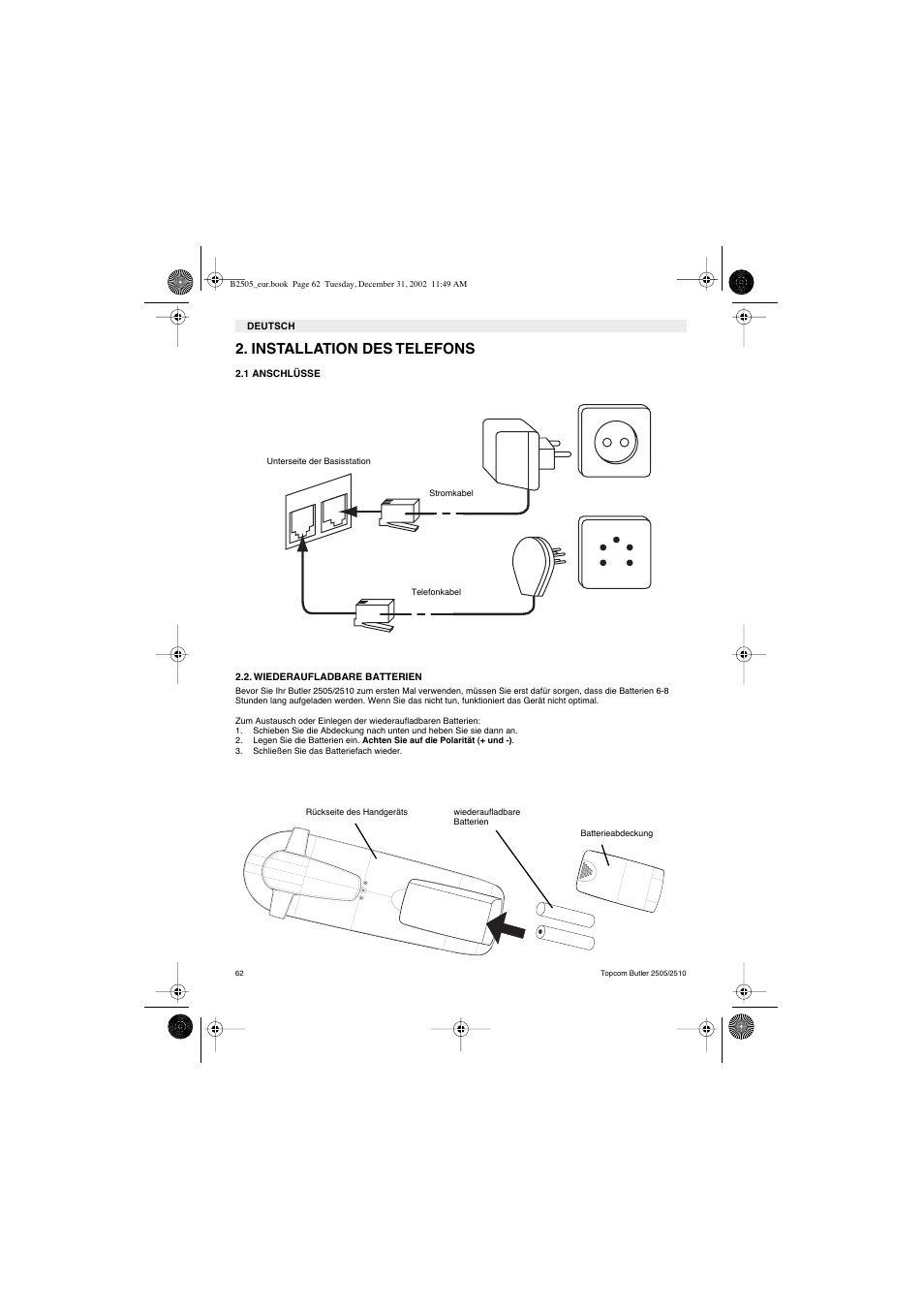 Installation des telefons | Topcom Butler 2510 User Manual | Page 62 / 96