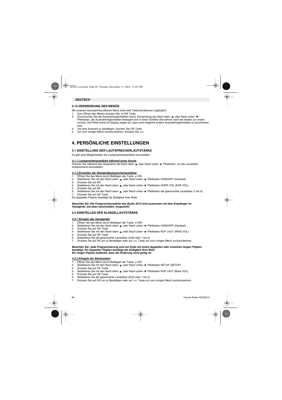Persönliche einstellungen | Topcom Butler 2510 User Manual | Page 66 / 96