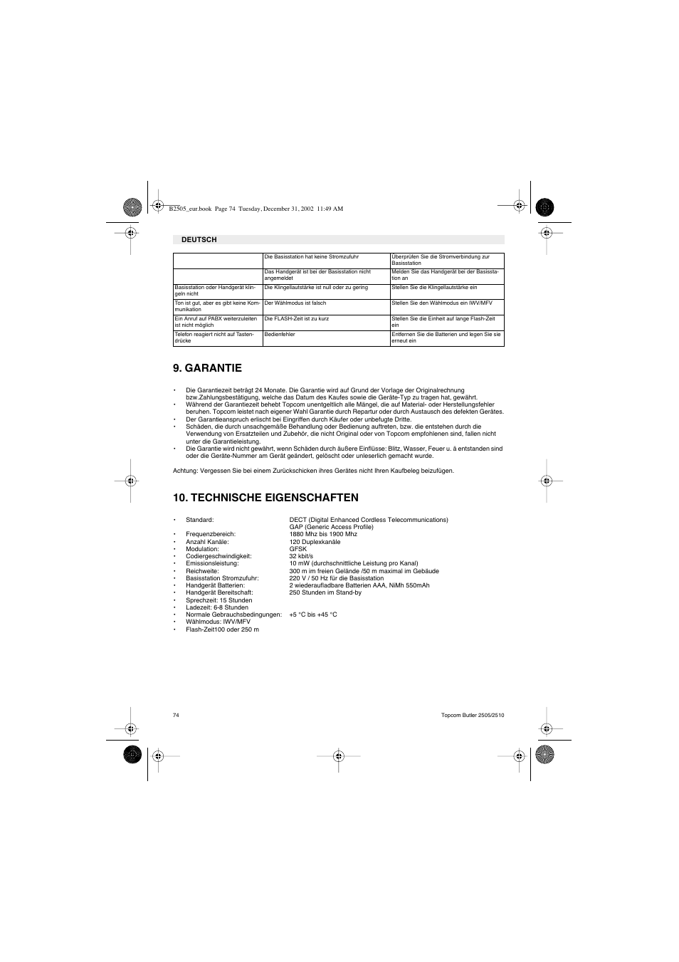 Garantie, Technische eigenschaften | Topcom Butler 2510 User Manual | Page 74 / 96