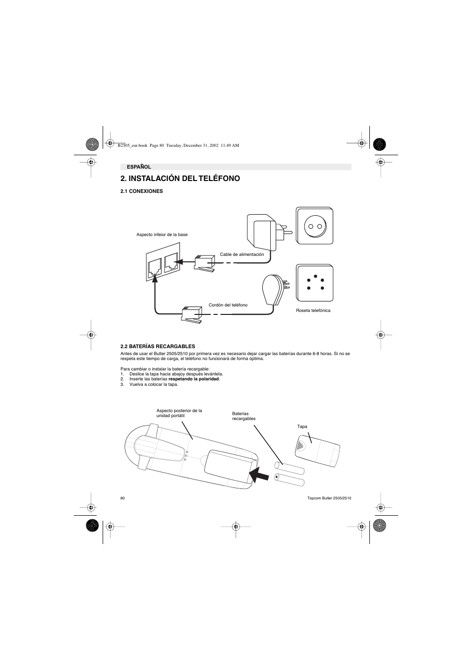Instalación del teléfono | Topcom Butler 2510 User Manual | Page 80 / 96