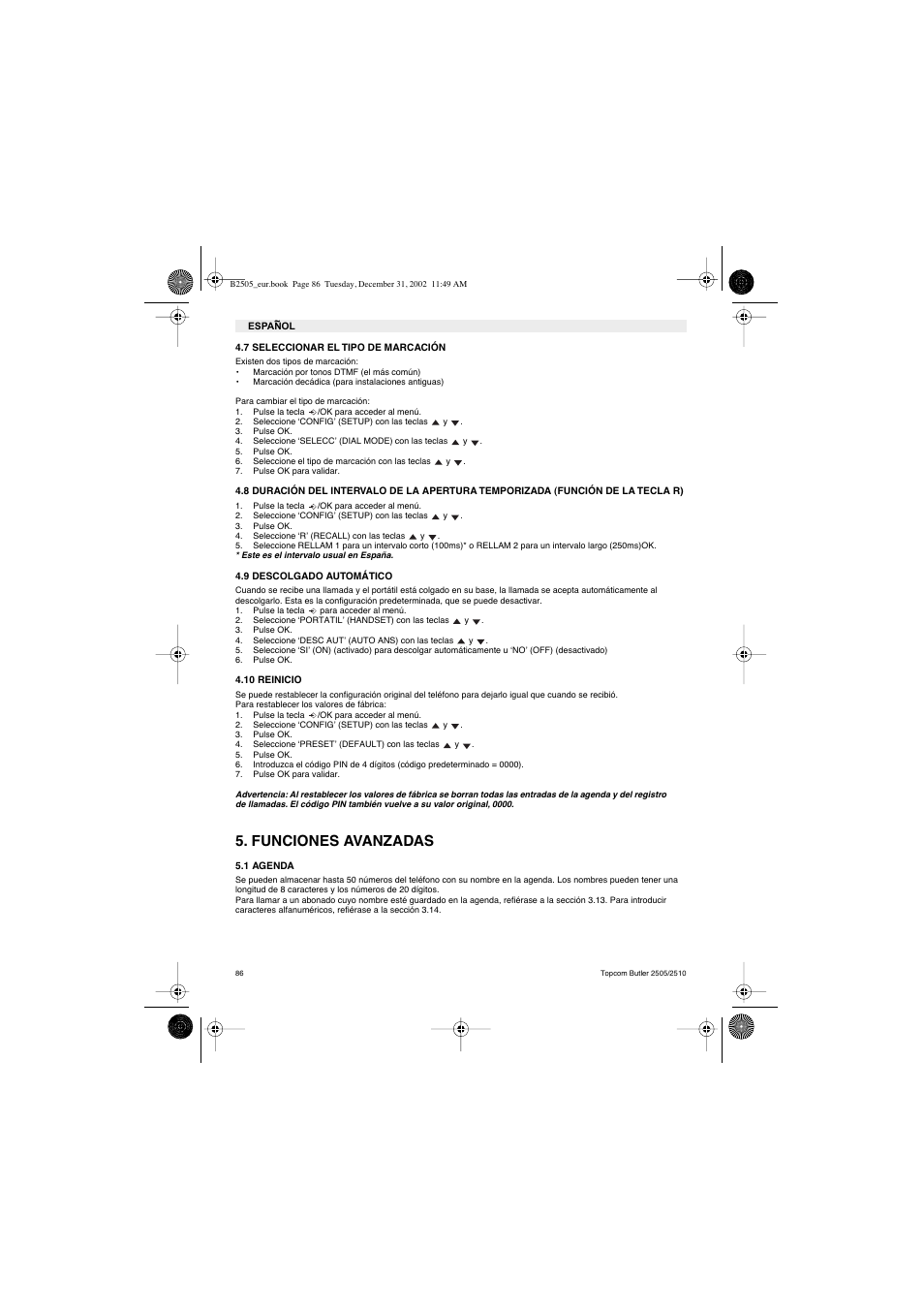 Funciones avanzadas | Topcom Butler 2510 User Manual | Page 86 / 96