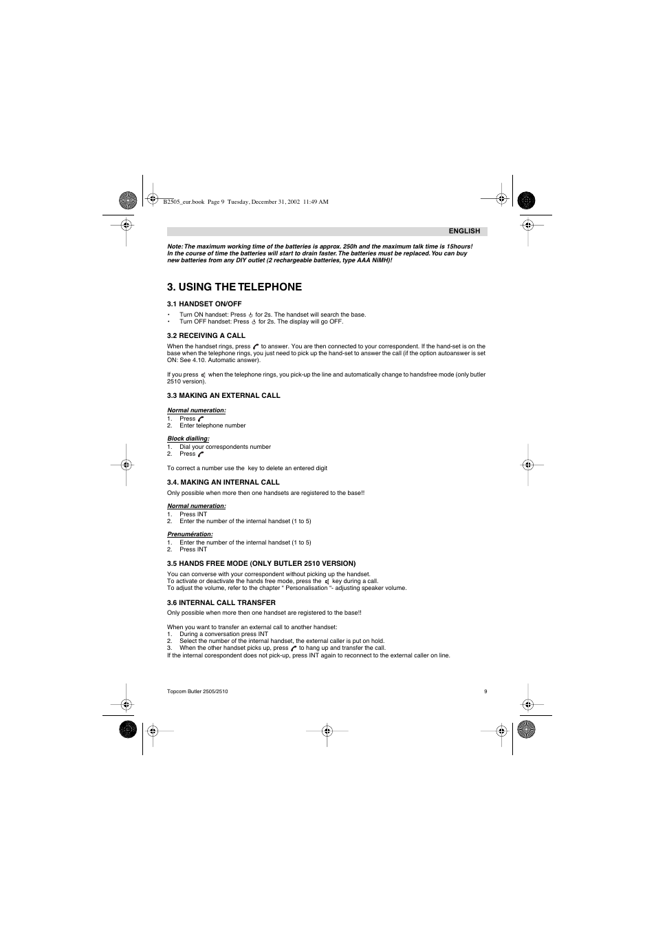 Using the telephone | Topcom Butler 2510 User Manual | Page 9 / 96