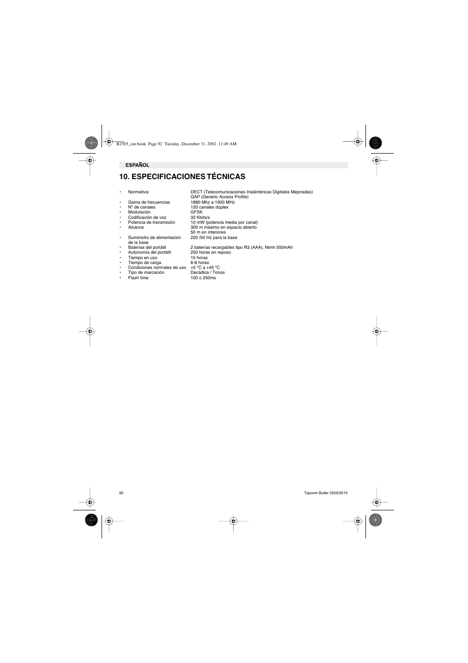 Especificaciones técnicas | Topcom Butler 2510 User Manual | Page 92 / 96