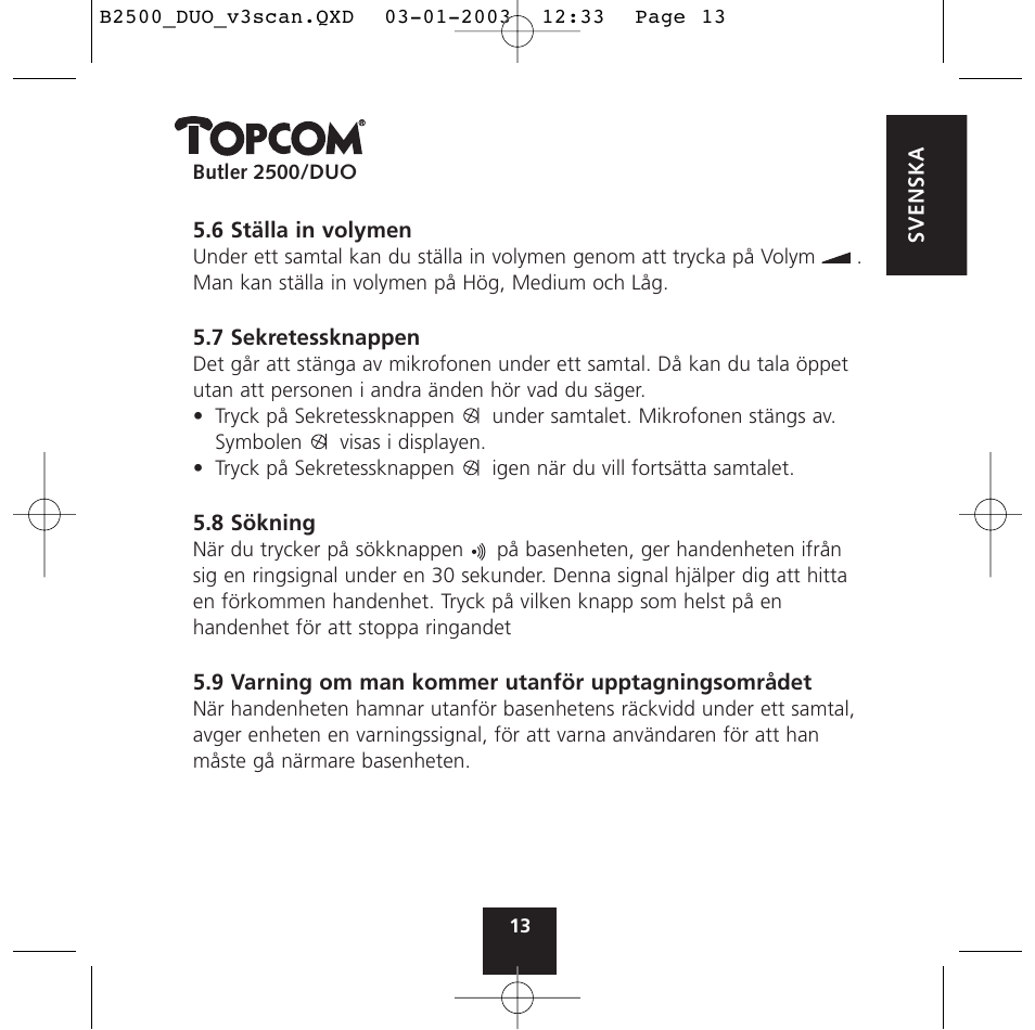 Topcom BUTLER 2500 Duo User Manual | Page 13 / 84
