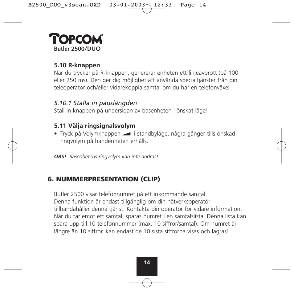 Topcom BUTLER 2500 Duo User Manual | Page 14 / 84